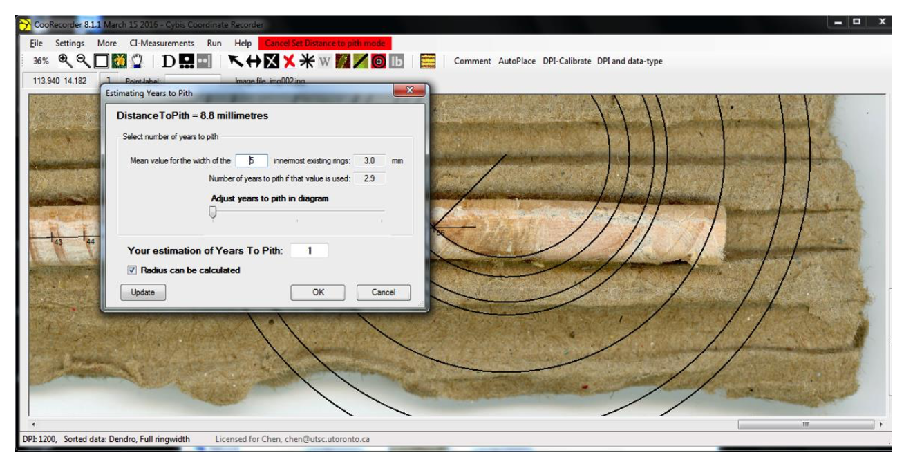 Verifying the pith distance and estimate of years to pith.