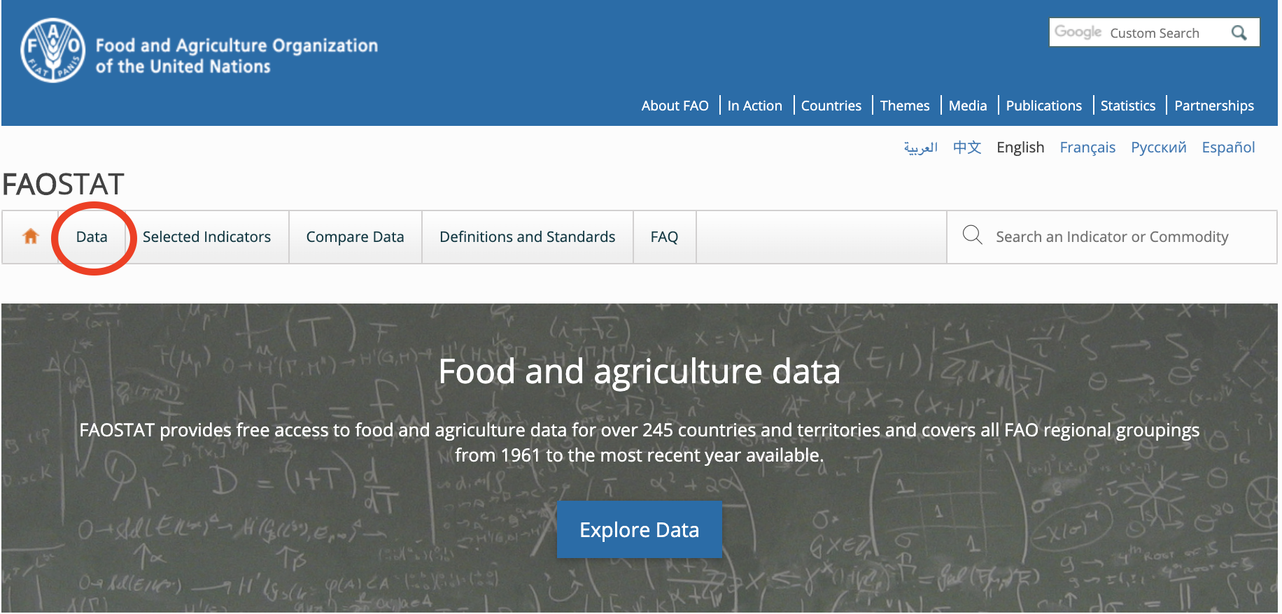 FAOSTAT main page. Please click 'Data'.