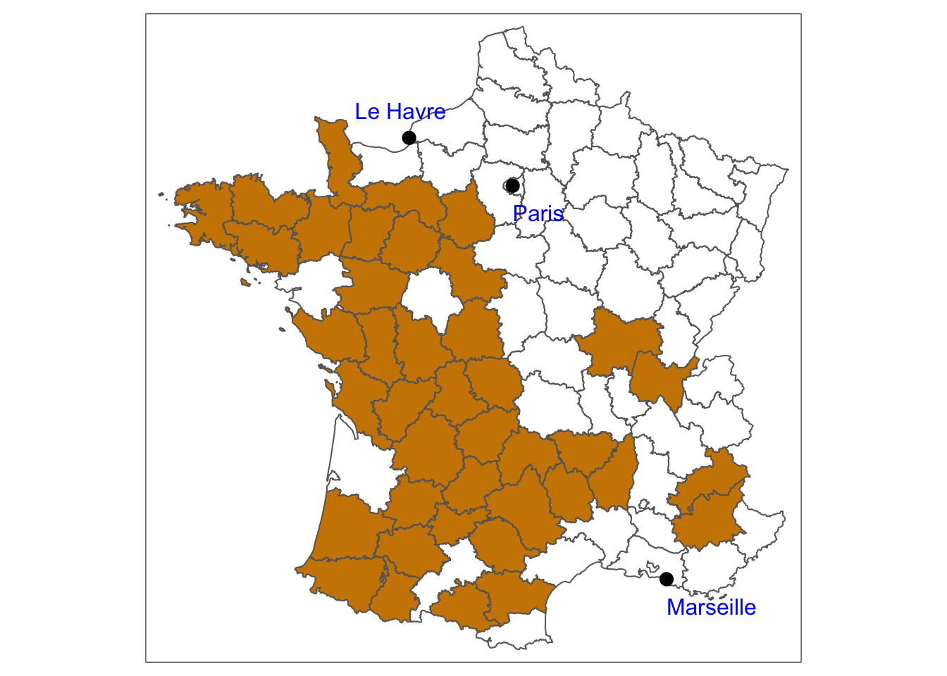 Departments in France in 1954 where agricultural workers made up at least 40\% of the workforce.