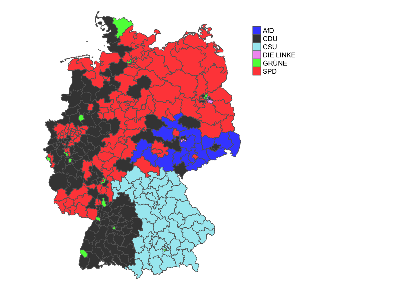 Winners of Erststimmen seats by political party in Germany 2021