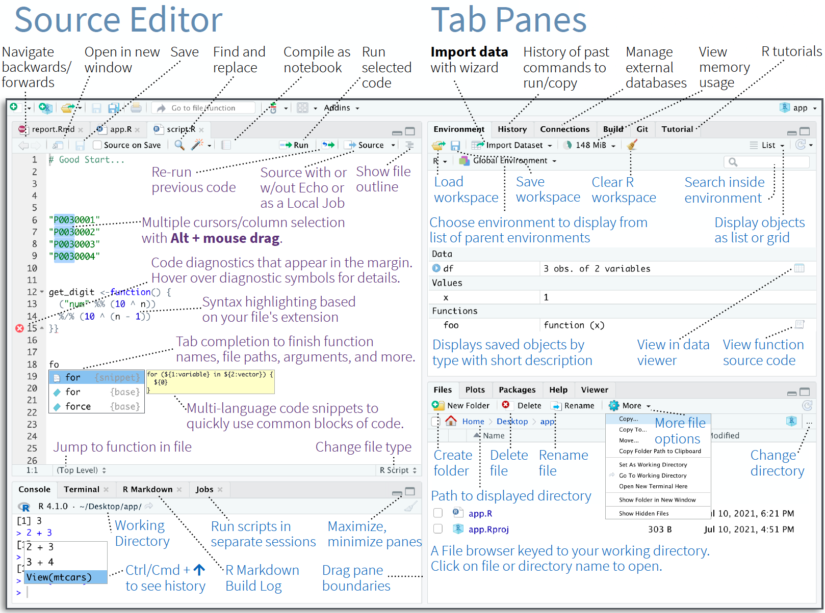 RStudio lets you write your code, view your data, see your output, manage your R packages, and many other things. We are only going to see the very basics. Source: RStudio IDE Cheatsheet