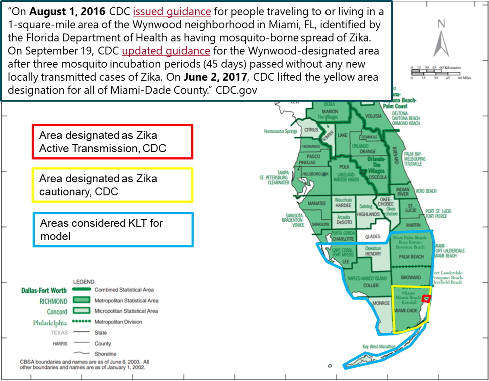 Areas of south Florida considered an area of local transmission for location-based and travel-based screening policies