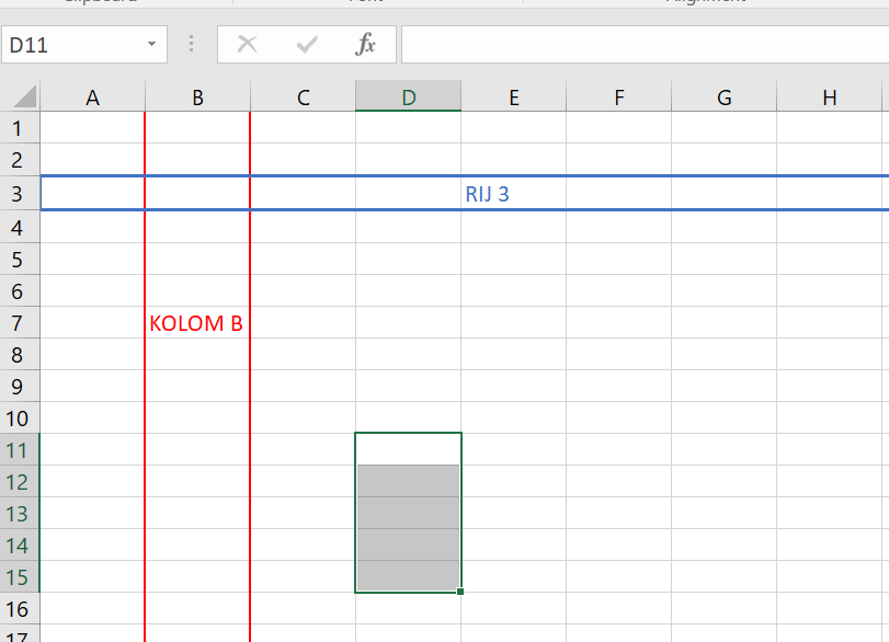 Rijen en Kolommen. Cellen D11 t/m D15 zijn geselecteerd.