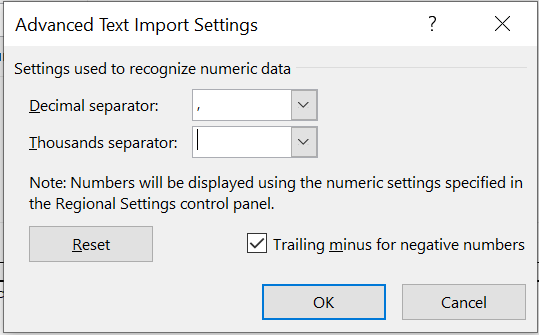 Kies de juiste decimal separator, in dit geval een komma