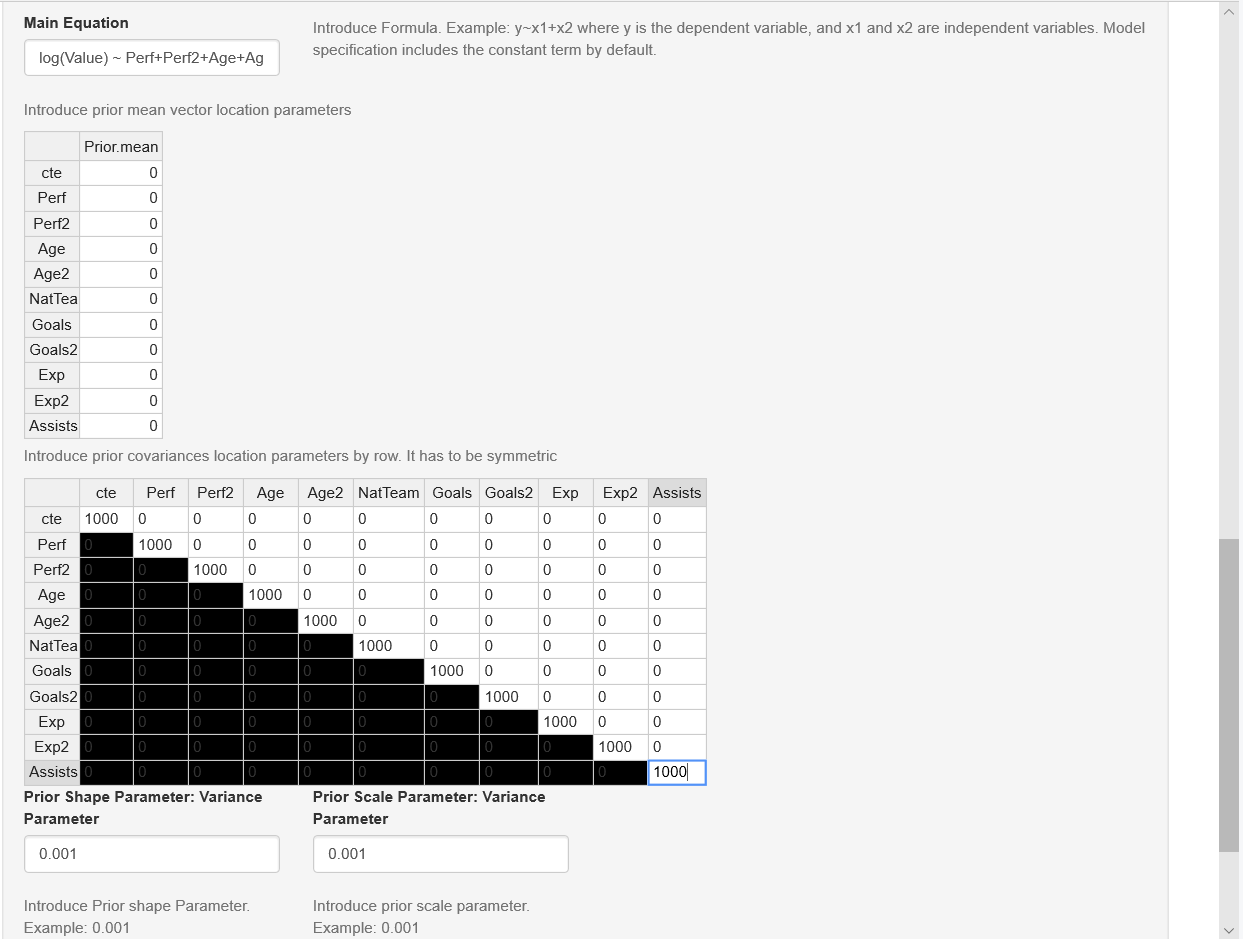 Normal/normal-inverse gamma model: Formula builder and hyperparameters.