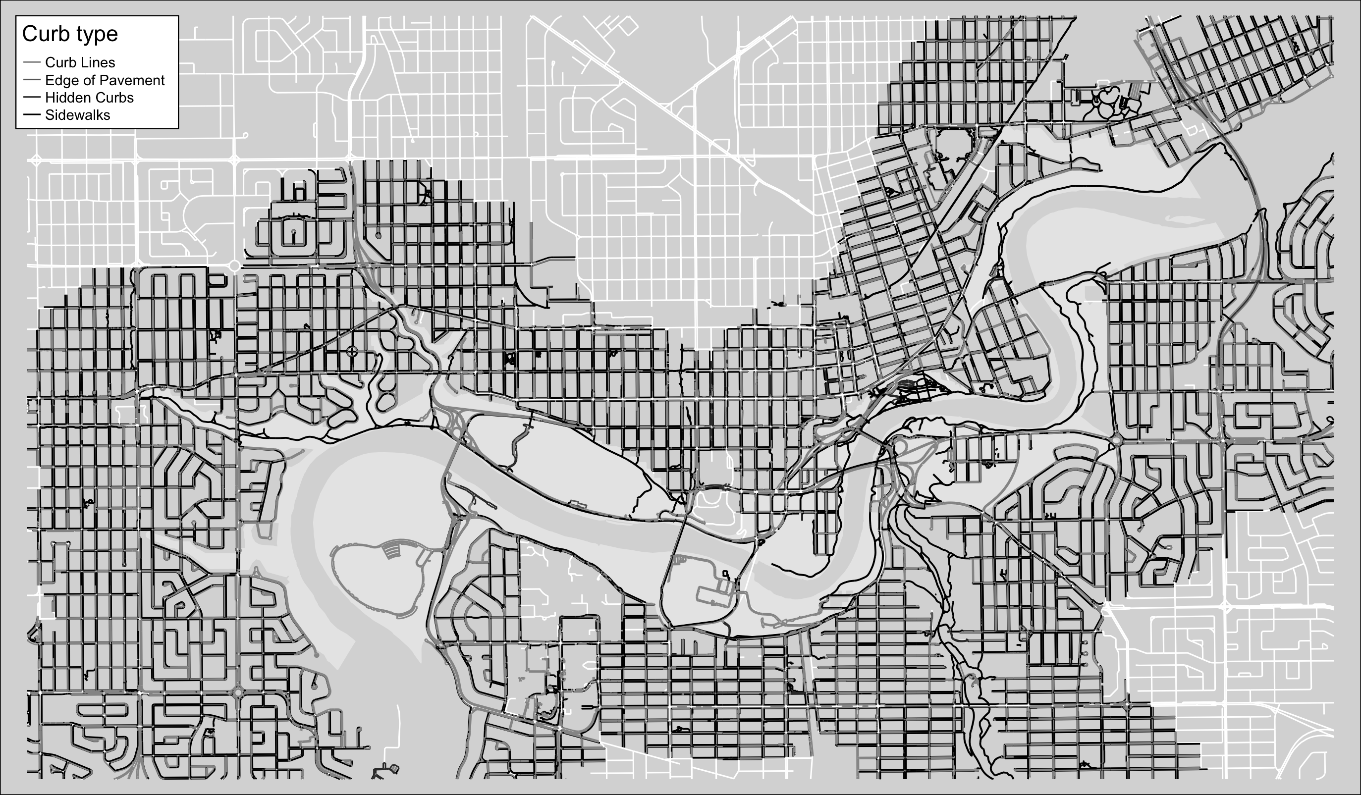 Map of curbs in Edmonton by type.