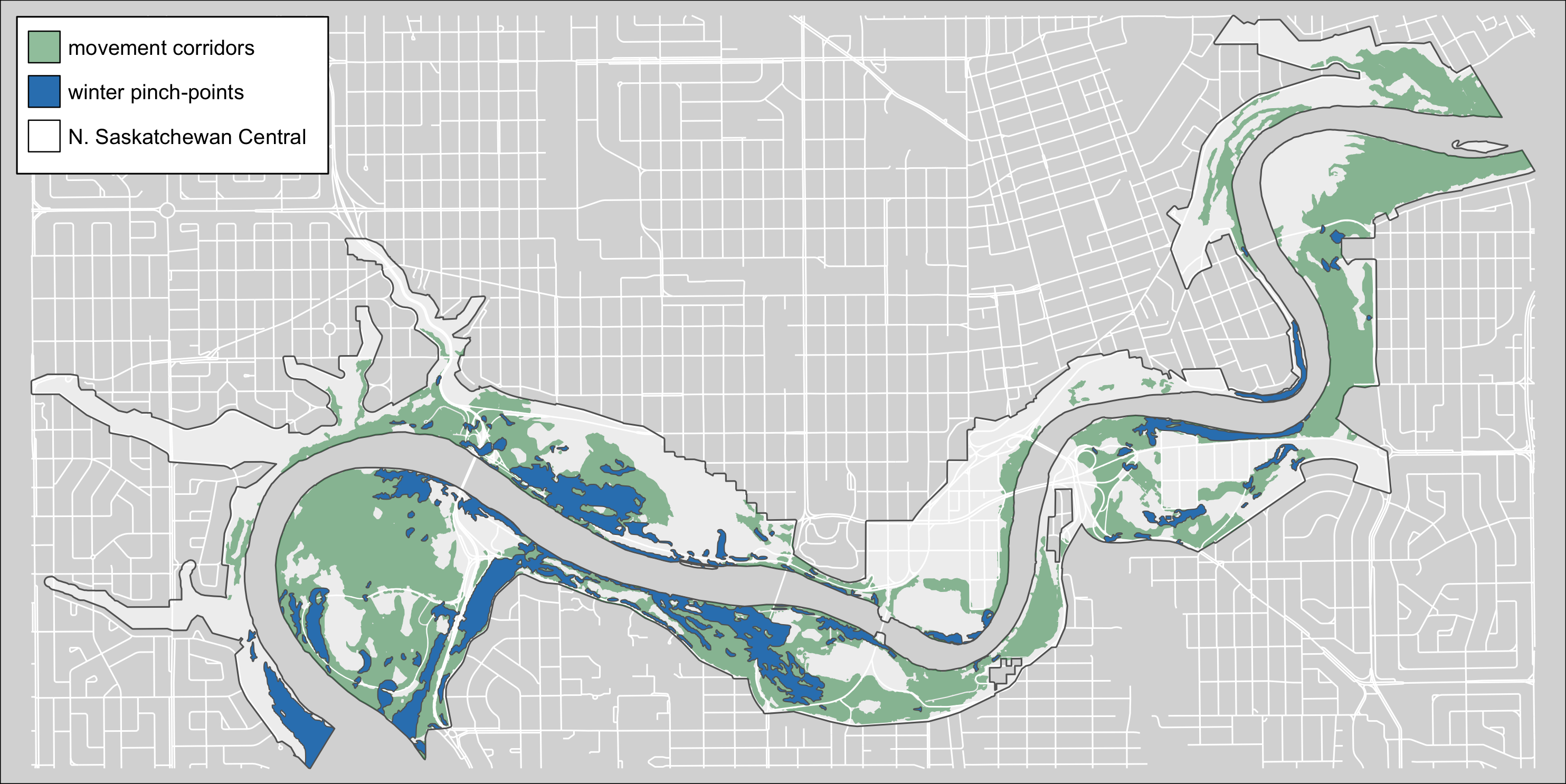 Winter terriestrical pinch-points within the North Saskatchewan Central region of the Ribbon of Green.