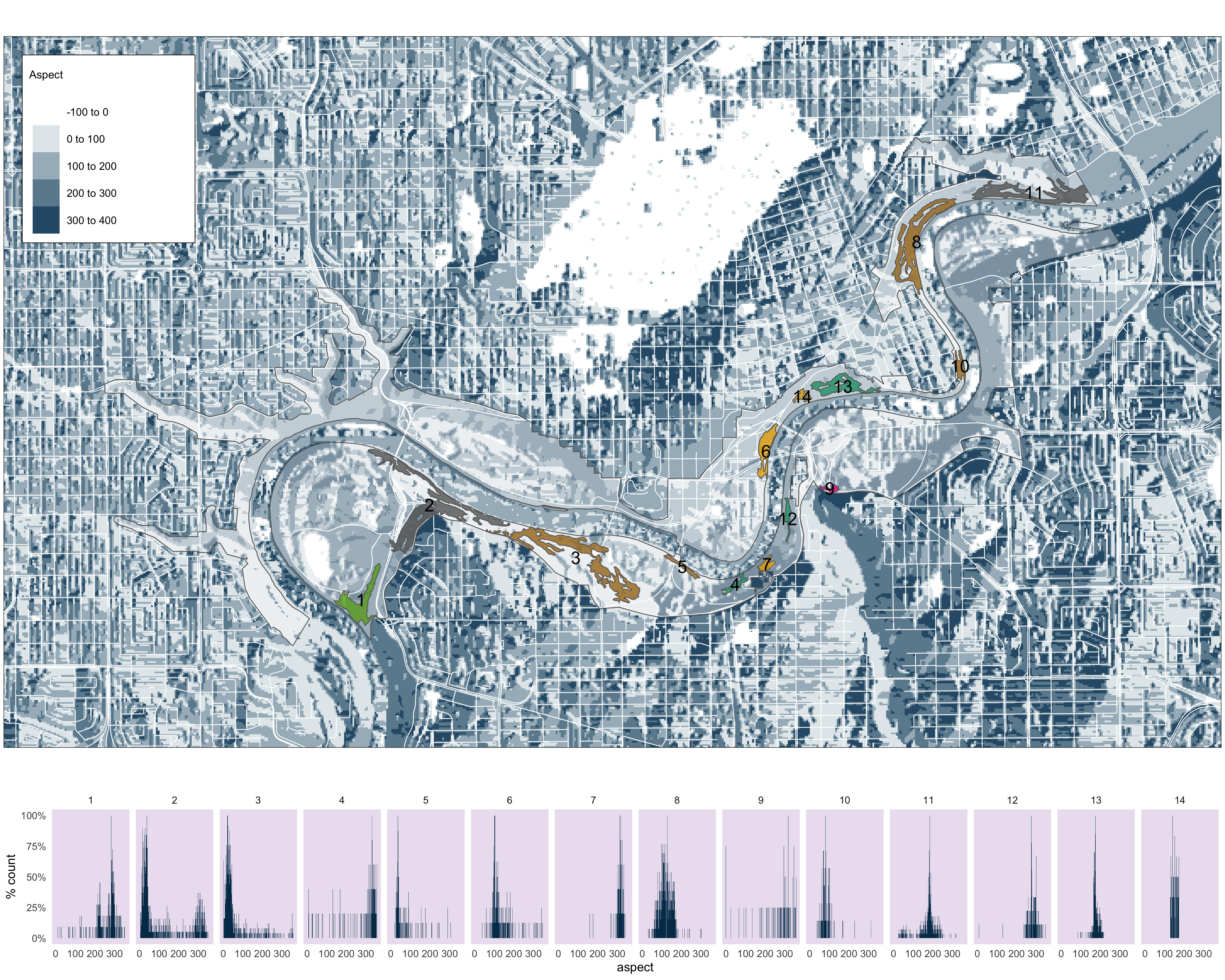 Histograms of aspect values for each pinch point.