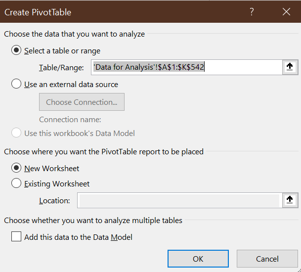 Create Pivot Table dialog box