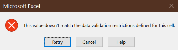 Invalid Data Entered box