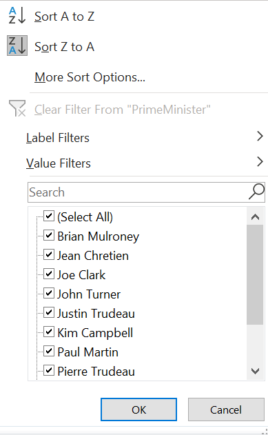 Sort and filter menu