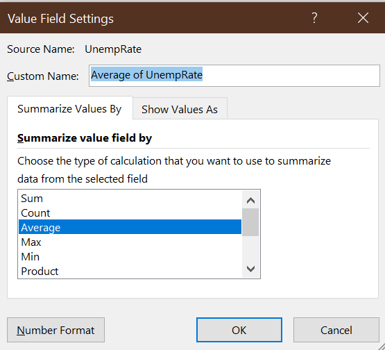 Value Field Settings dialog box