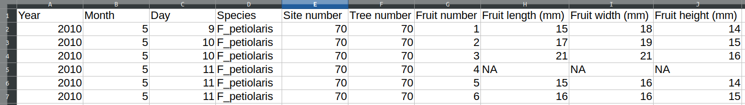 A screenshot of a spreadsheet with 7 columns and 6 rows of data on fig fruit dimensions.