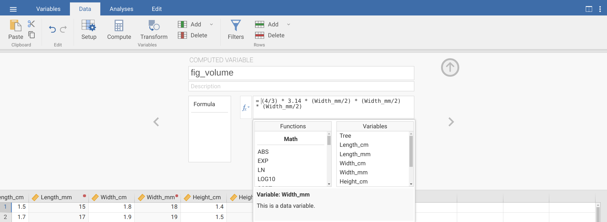 The jamovi toolbar is shown with a tab called 'Data' selected. Underneath is a box called 'COMPUTED VARIABLE', where the name 'fig volume' has been typed in. Underneath the box is the code for the volume of a sphere and below the code is the fig fruits dataset.