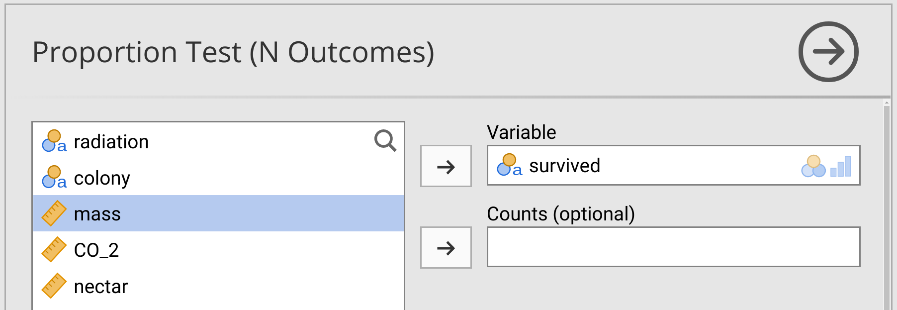 Jamovi interface is shown with boxes of variables to be used for a proportion test, and the 'survived' variable has been placed in the Variable box.