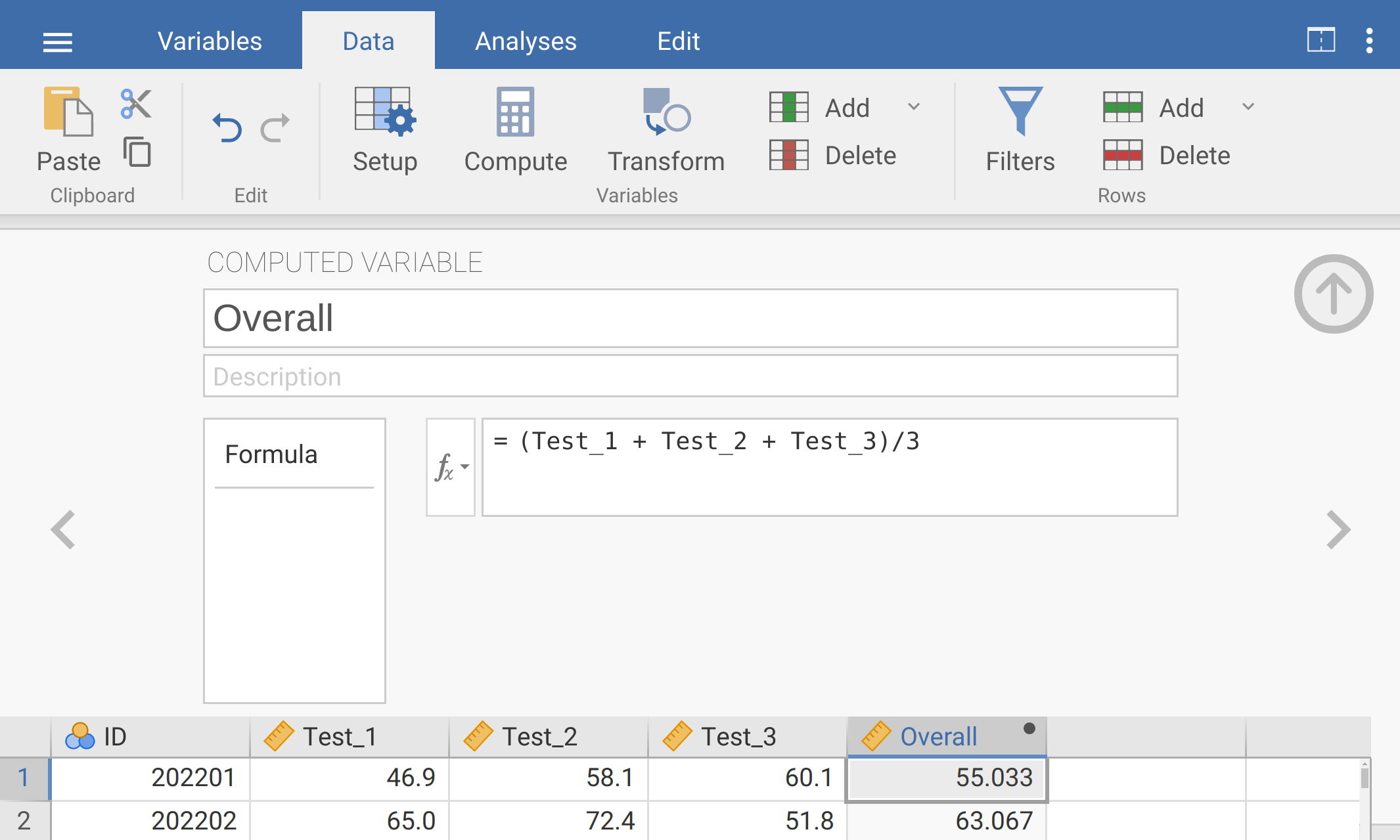 Jamovi interface is shown with a new computed variable and the formula for calculating the mean of test scores in the function box.