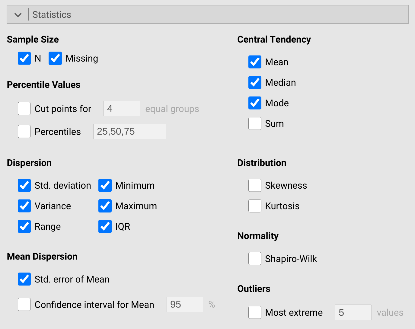 Jamovi Descriptives interface is shown with checkboxes for different summary statistics, most of which are checked.