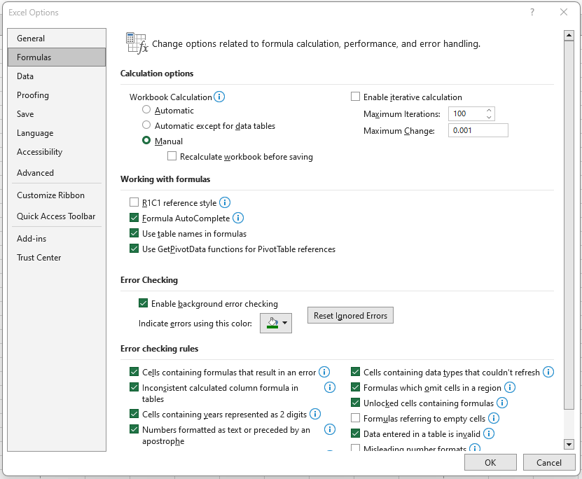 A screenshot of the calculation options under Formulas in a PC.