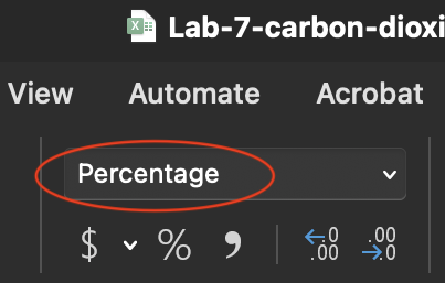 A screenshot of the Numbers ribbon displaying the Percentage format.