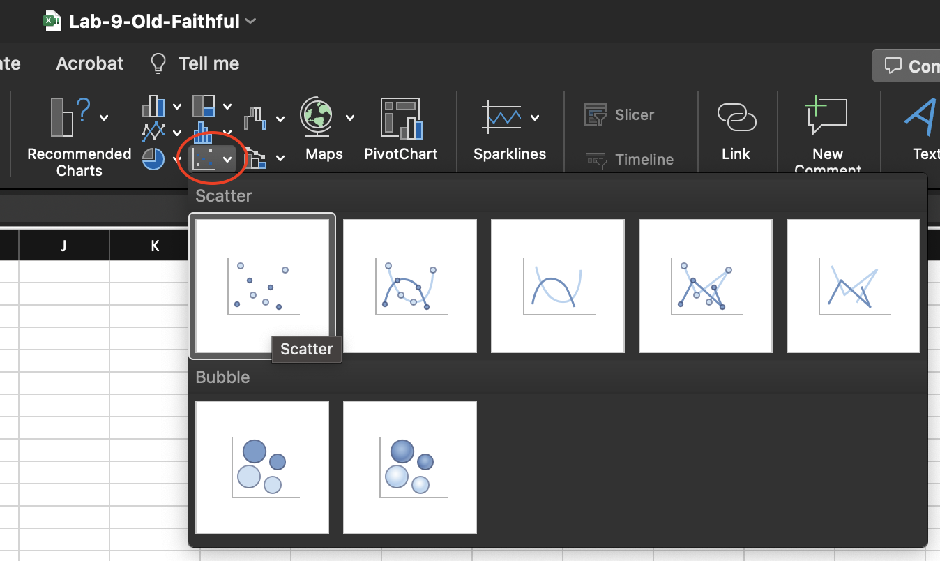 A screenshot of the Scatter option in the Chart ribbon of the Insert tab.