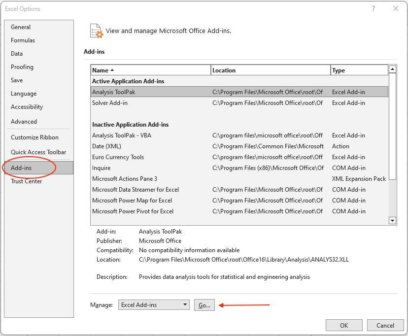 A dialog box showing Excel Options on a PC.