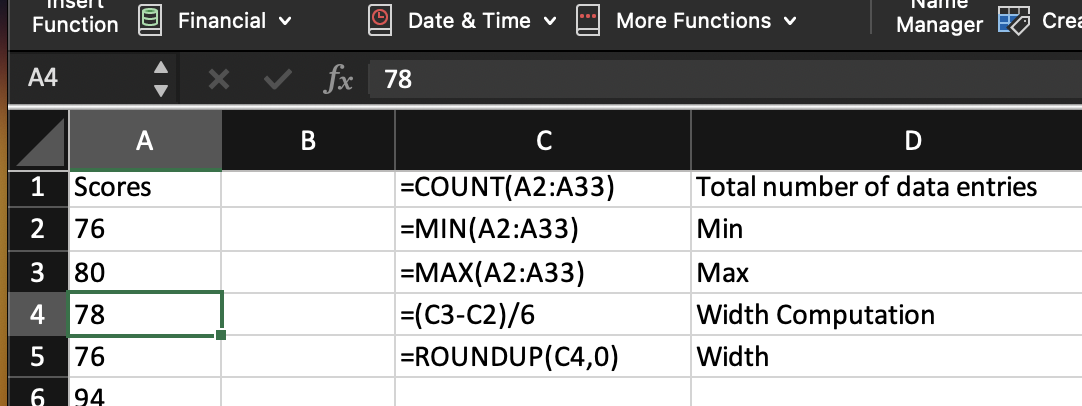 A screenshot of the initial computations for constructiong a hstogram.