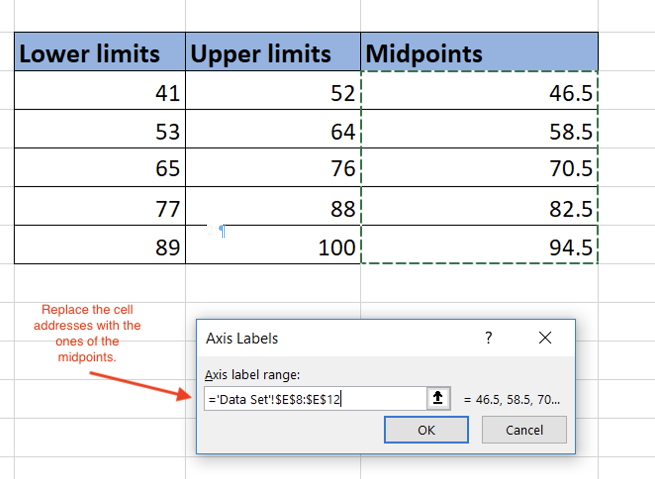 A screenshot of the dialog window to relabel the horizontal axis on a PC.