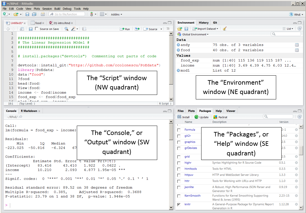 The four quadrants of an RStudio screen