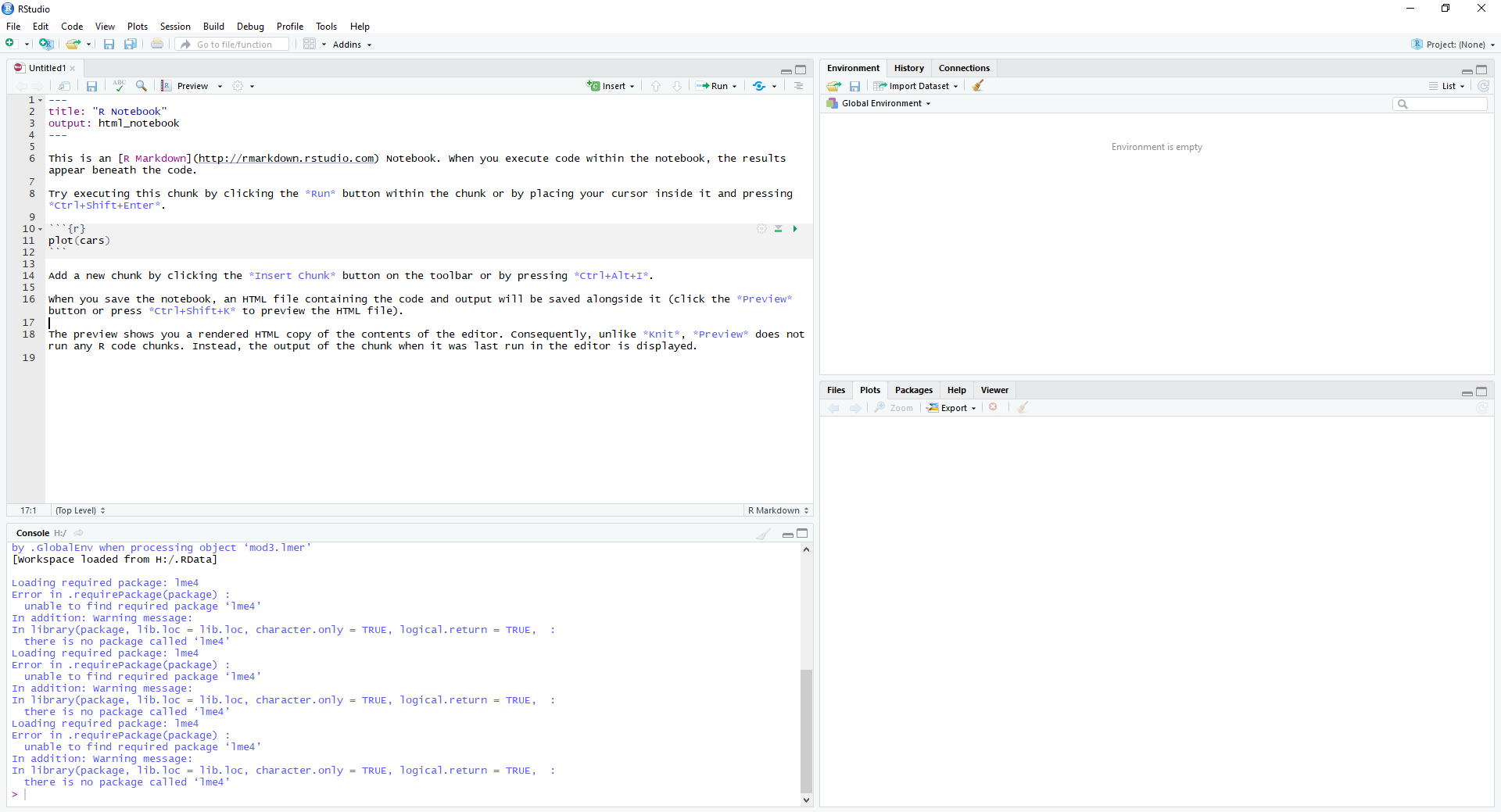 What RStudio should look like on opening a new Notebook