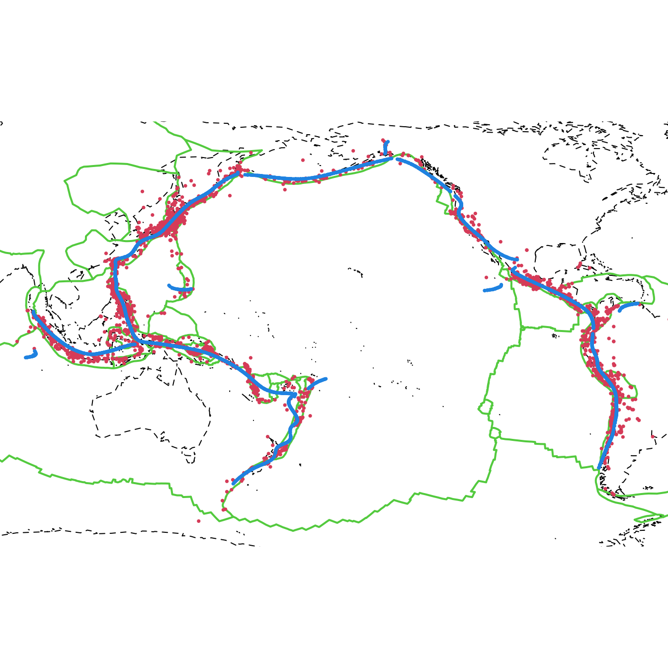 Estimated density ridges for the quake dataset. Observe how the density ridges (blue) of the earthquakes locations (red) reveal the relation between earthquakes and tectonic plate boundaries (green).