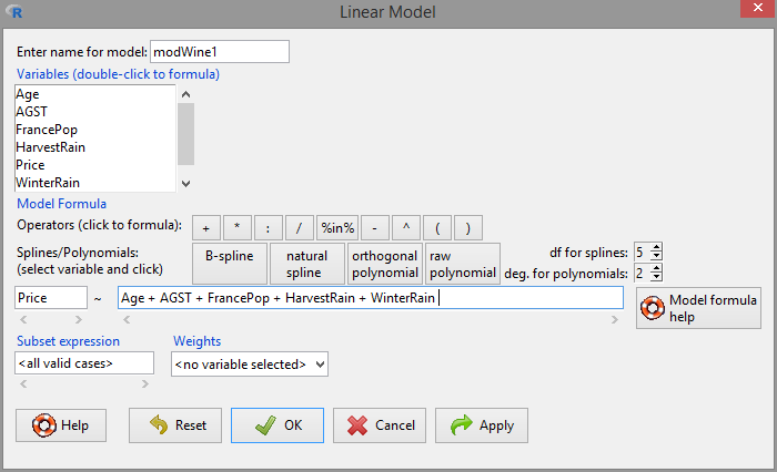 Window for performing multiple linear regression.