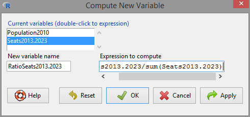 Creation of the new variable RatioSeats2013.2023. The expression to compute is Seats2013.2023/sum(Seats2013.2023).