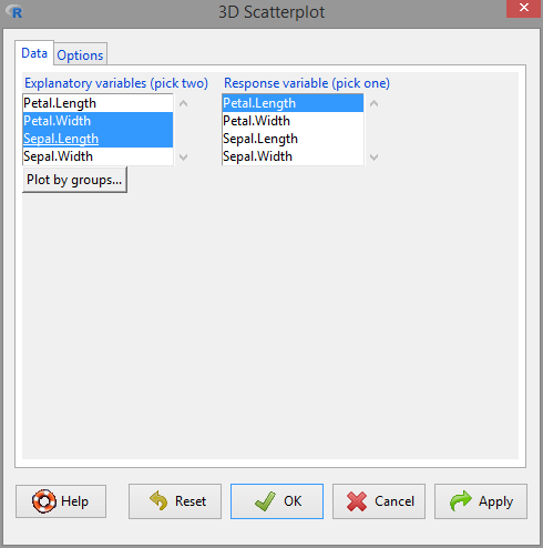 3D scatterplot window, 'Data' panel.