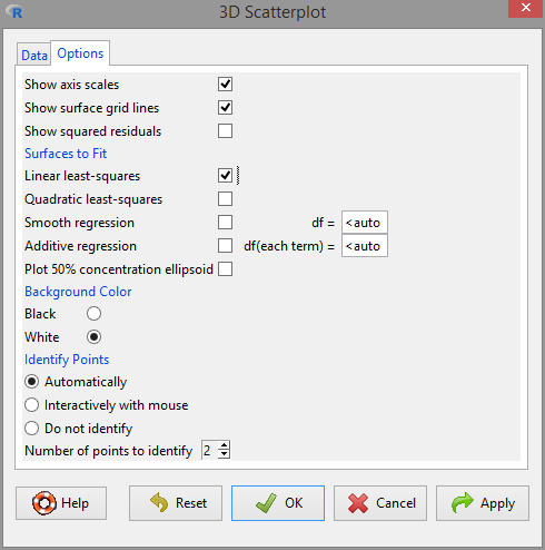 3D scatterplot window, 'Options' panel. Remember to tick the 'Linear least-squares fit' box in order to display the fitted regression plane.