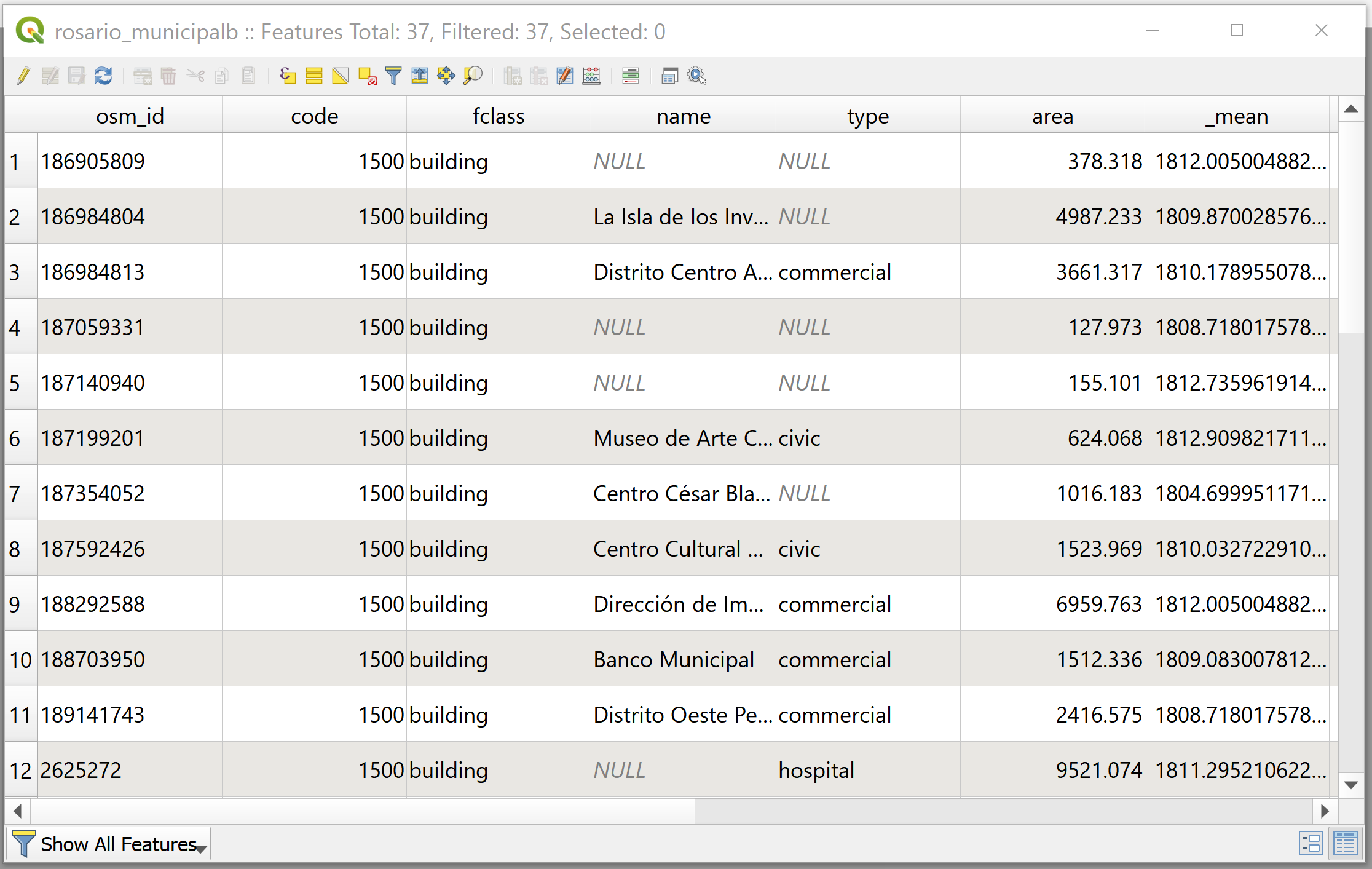 Attribute Table with Building Rooftop Area Calculation