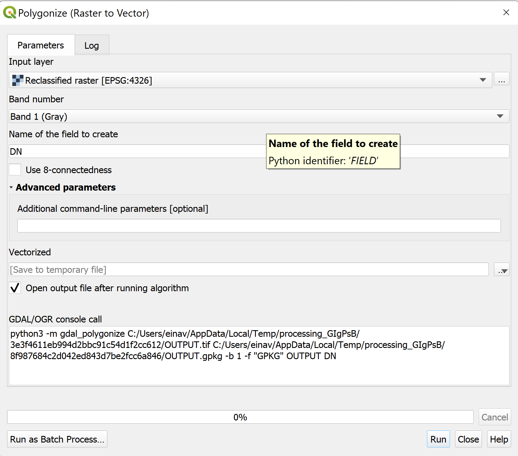 Polygonize (Raster to Vector) Dialog