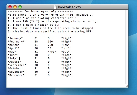 The `booksales2.csv` data file. It contains more or less the same data as the original `booksales.csv` data file, but has a lot of very quirky features.