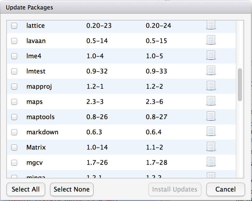 The Rstudio dialog box for updating packages