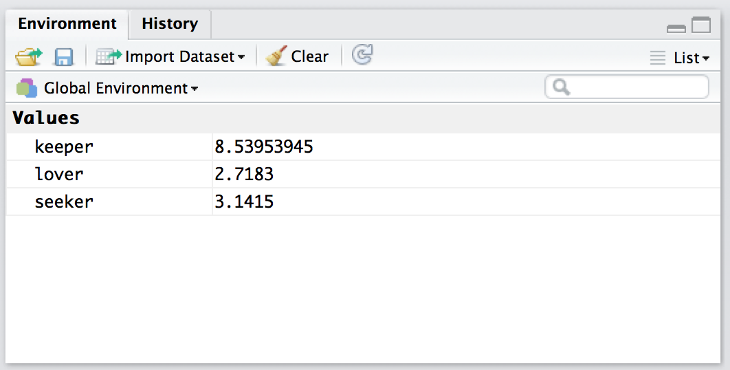 The Rstudio Environment panel shows you the contents of the workspace. The view shown above is the list view. To switch to the grid view, click on the menu item on the top right that currently reads list. Select grid from the dropdown menu, and then it will switch to a view like the one shown in the other workspace figure