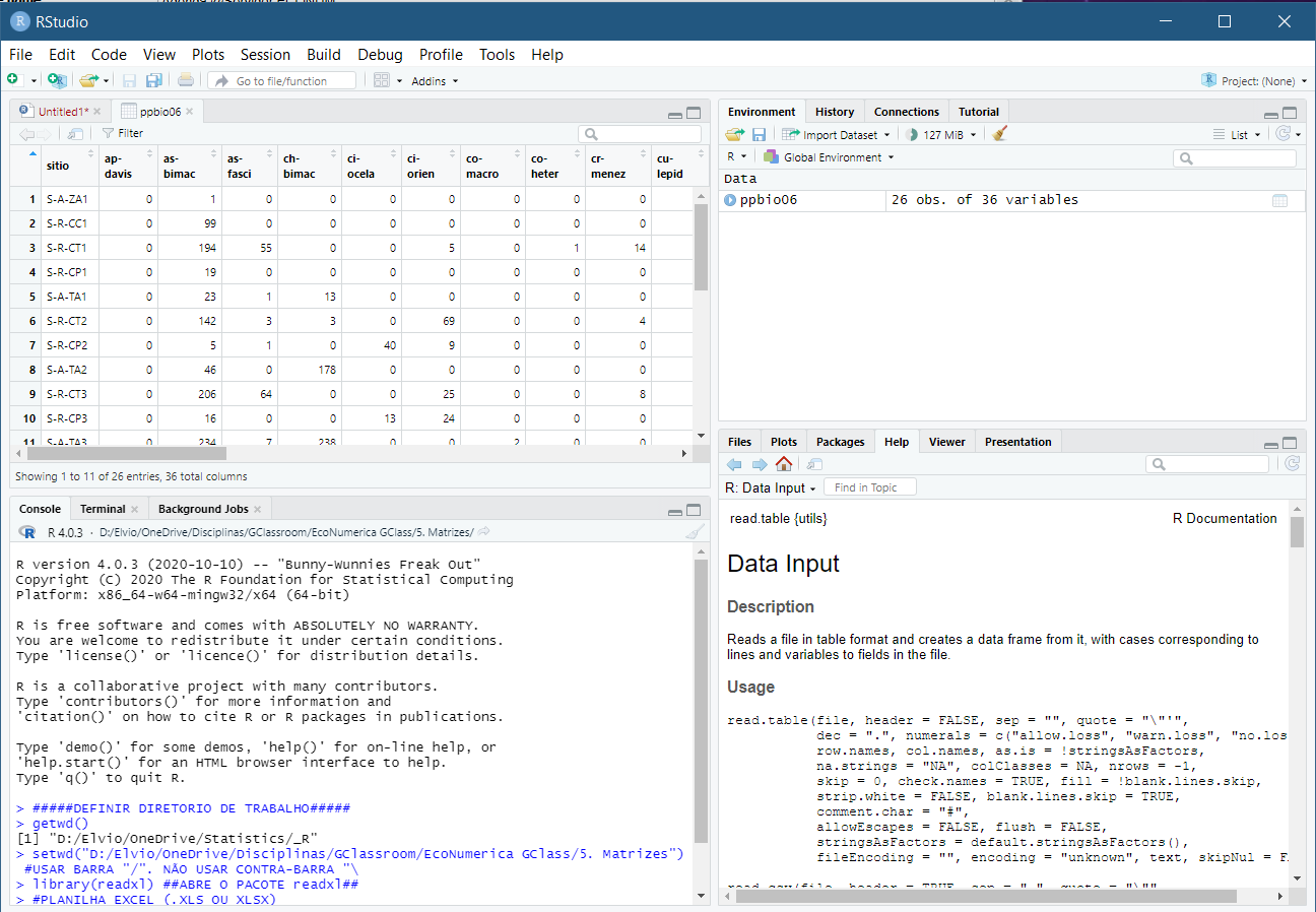 Interface do usuário do ambiente integrado de desenvolvimento (IDE) RStudio para a linguagem de programação R.