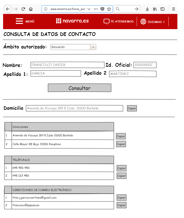 Maqueta del formulario de consulta de datos de contacto