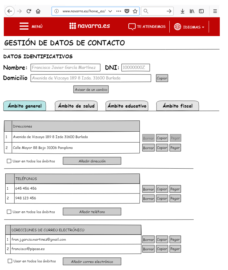 Maqueta del formulario de gestión de datos de contacto e identificación