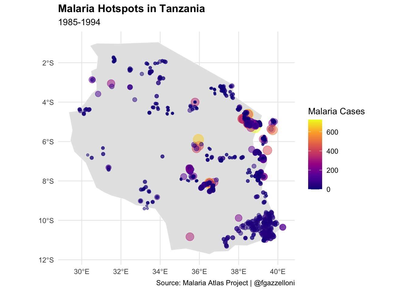 Map showing the distribution of malaria cases in Tanzania.