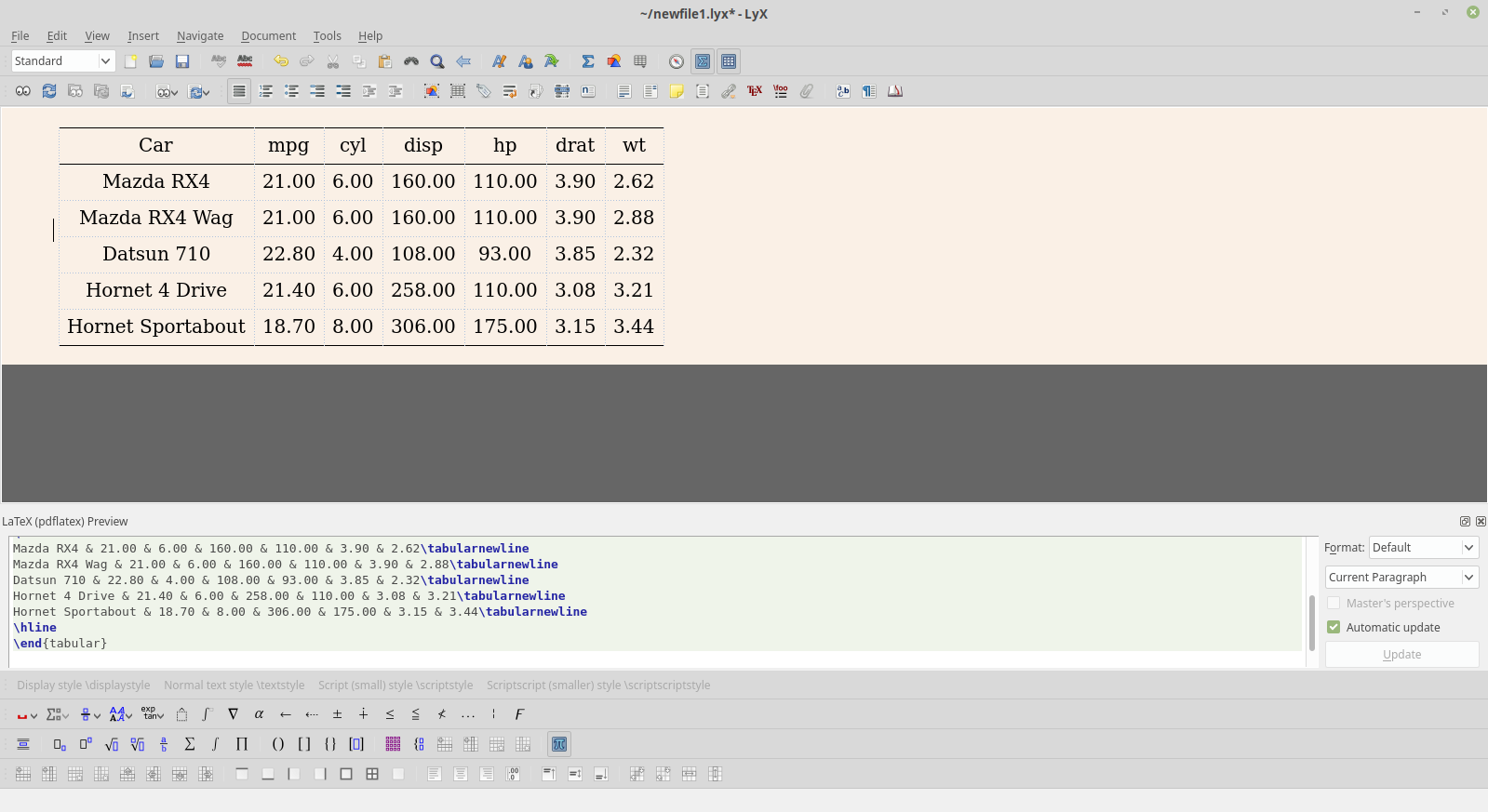 LyX table code