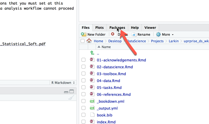 Illustration on the first step to begin installing an package in R-studio