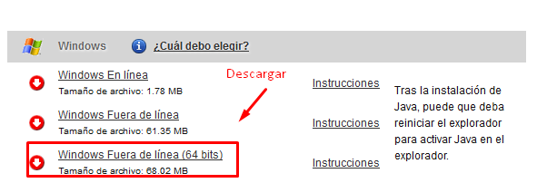 Descarga del installer para aplicación Java 64 Bits/Offline