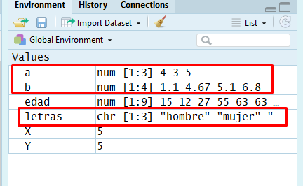 Información de objetos en entorno de trabajo de RStudio