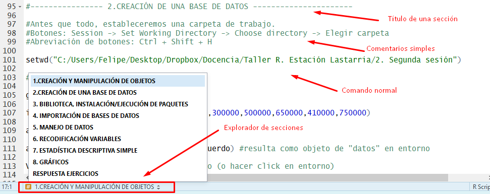 Explorador de secciones de una sintaxis de RStudio