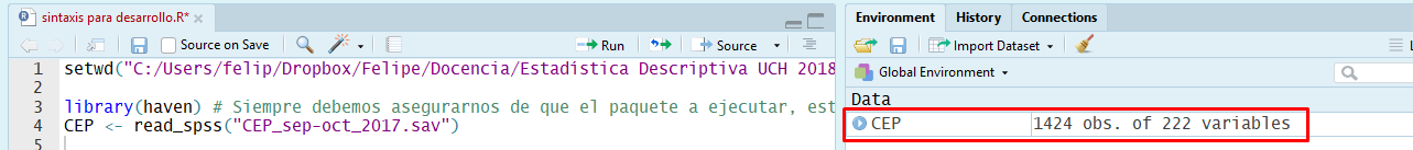 Base de datos CEP cargada como objeto en entorno de trabajo