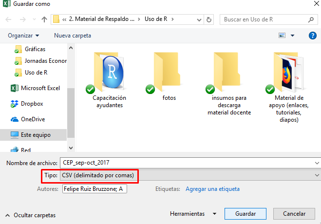 Guardar planilla de libro de Excel en formato CSV